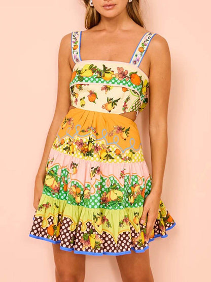 Summer MulticolorLemon Preated Charming Hem Mini Dress