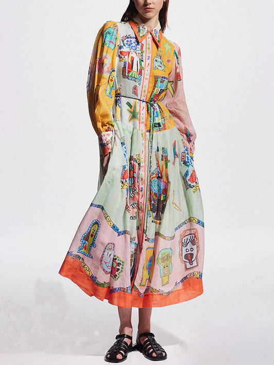 Unique Print Colorblock Balloon Graceful Sleeve Belt Shirt Midi Dress