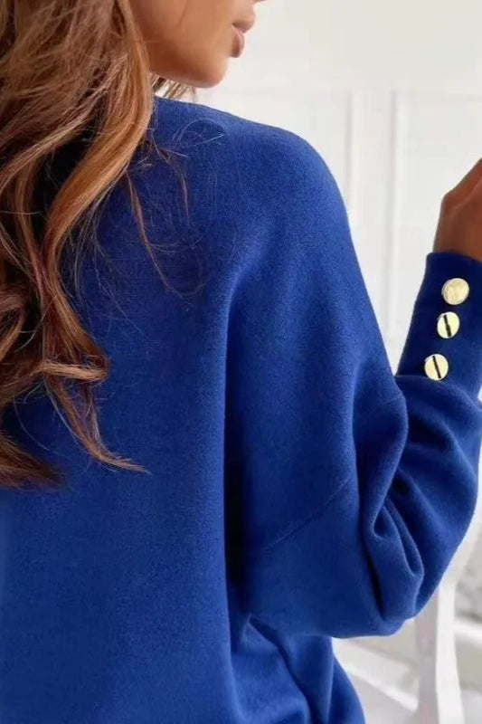 V Neck Button Knit Pullover Sweater Blue / S