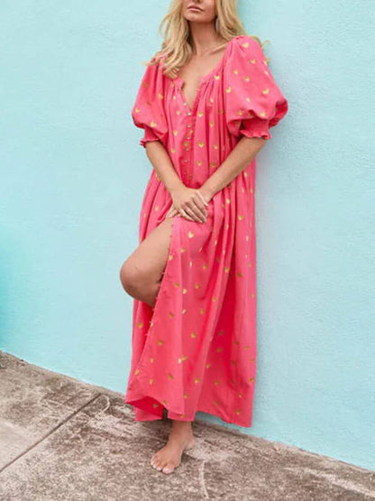 Printed Cardigan Short Charming Sleeve Oversized Midi Dress