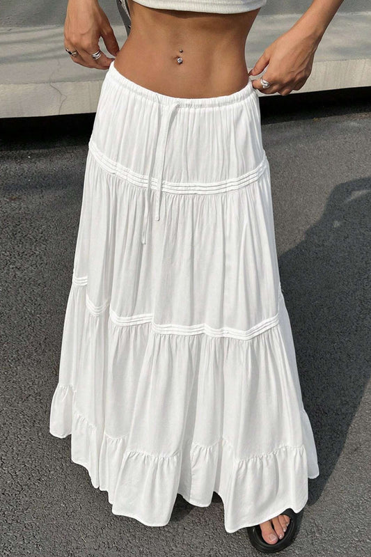 White Casual Tiered Midi Skirt