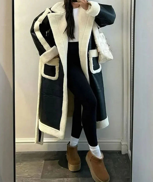 Lambwool Patchwork Leather Long Coat