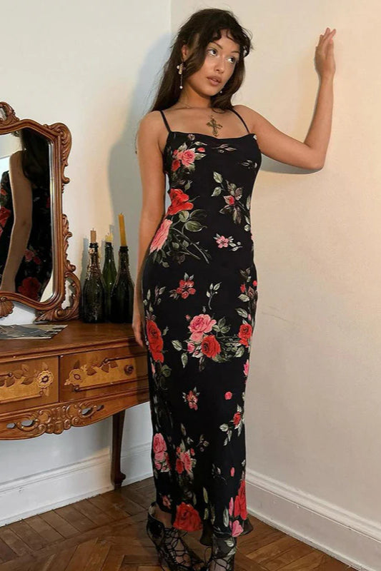Robe de soirée moulante à fleurs vintage 