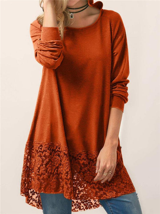 Long With Women Lace Patchwork Arm T-shirt Hood