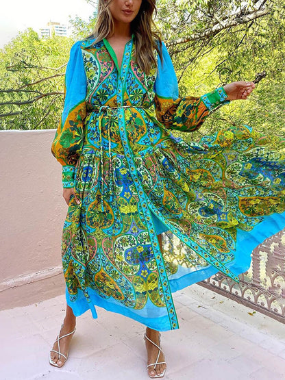 Ethnic Print Cardigan Charming Lace-Up Lapel Long-Sleeved Dress