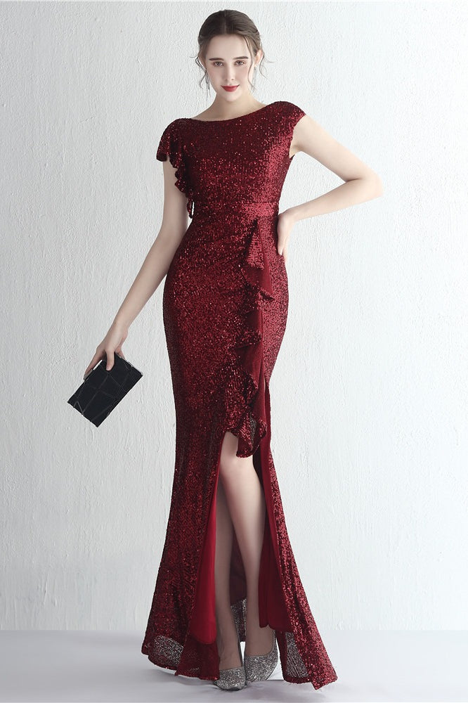 Glitter High Neck Mermaid Slit Formal Dress Red / S