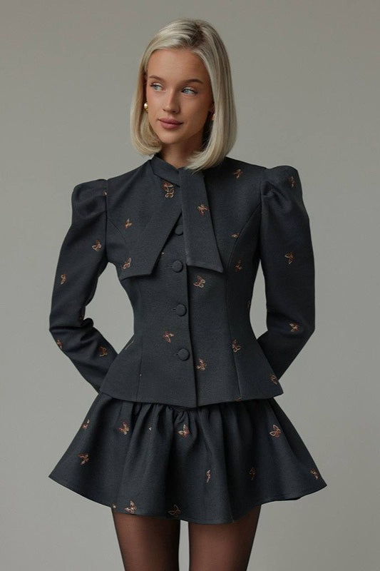 Embroidered Waist-Cinched Blazer & Mini Skirt Two Piece Set