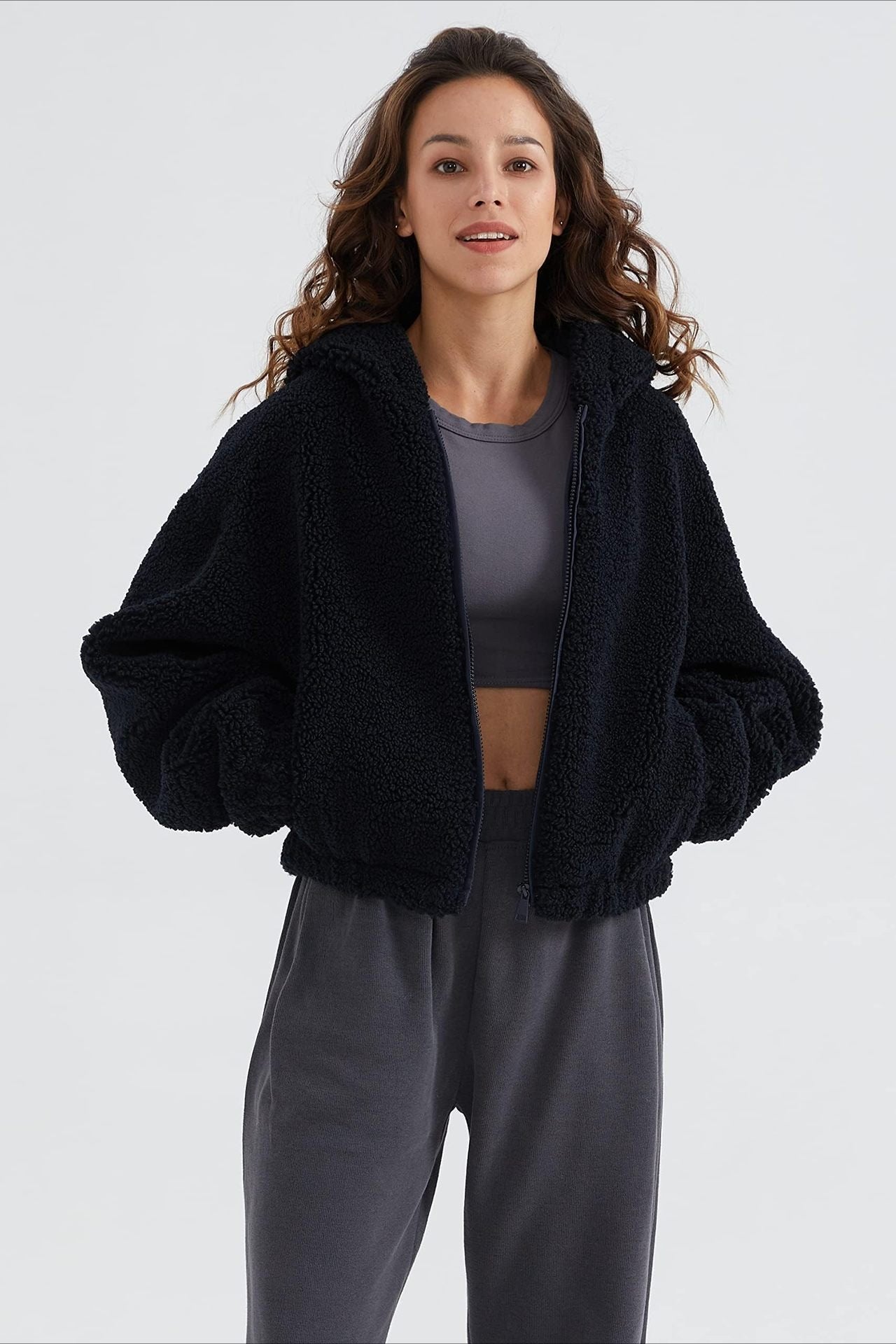 Fuzzy Hooded Zip Short Jacket Navy blue / XS
