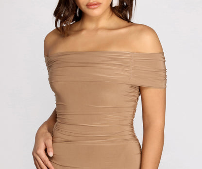 Off Shoulder Stylish Ruched Midi Dress