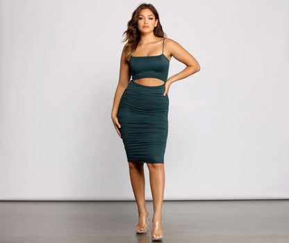 Strut It Out Charming Ruched Cutout Midi Dress