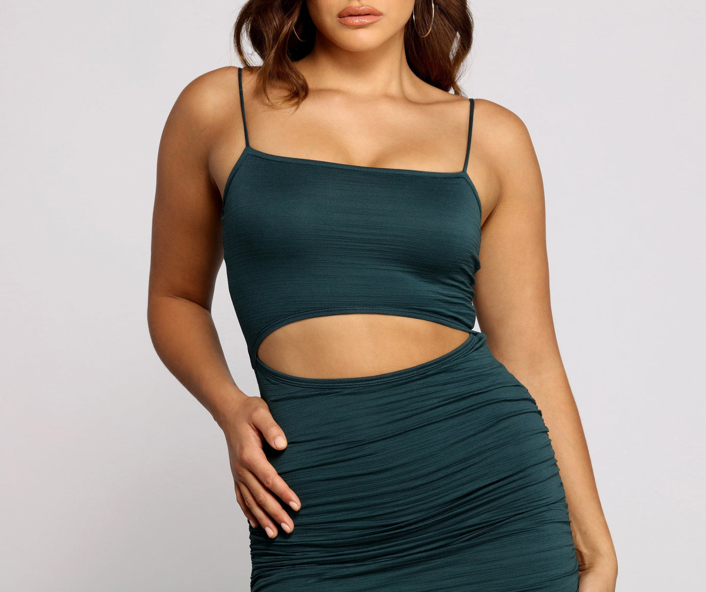 Strut It Out Charming Ruched Cutout Midi Dress