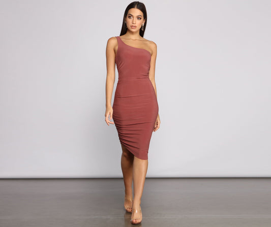 Ruched Stunner One Shoulder Midi Dress - Lady Occasions