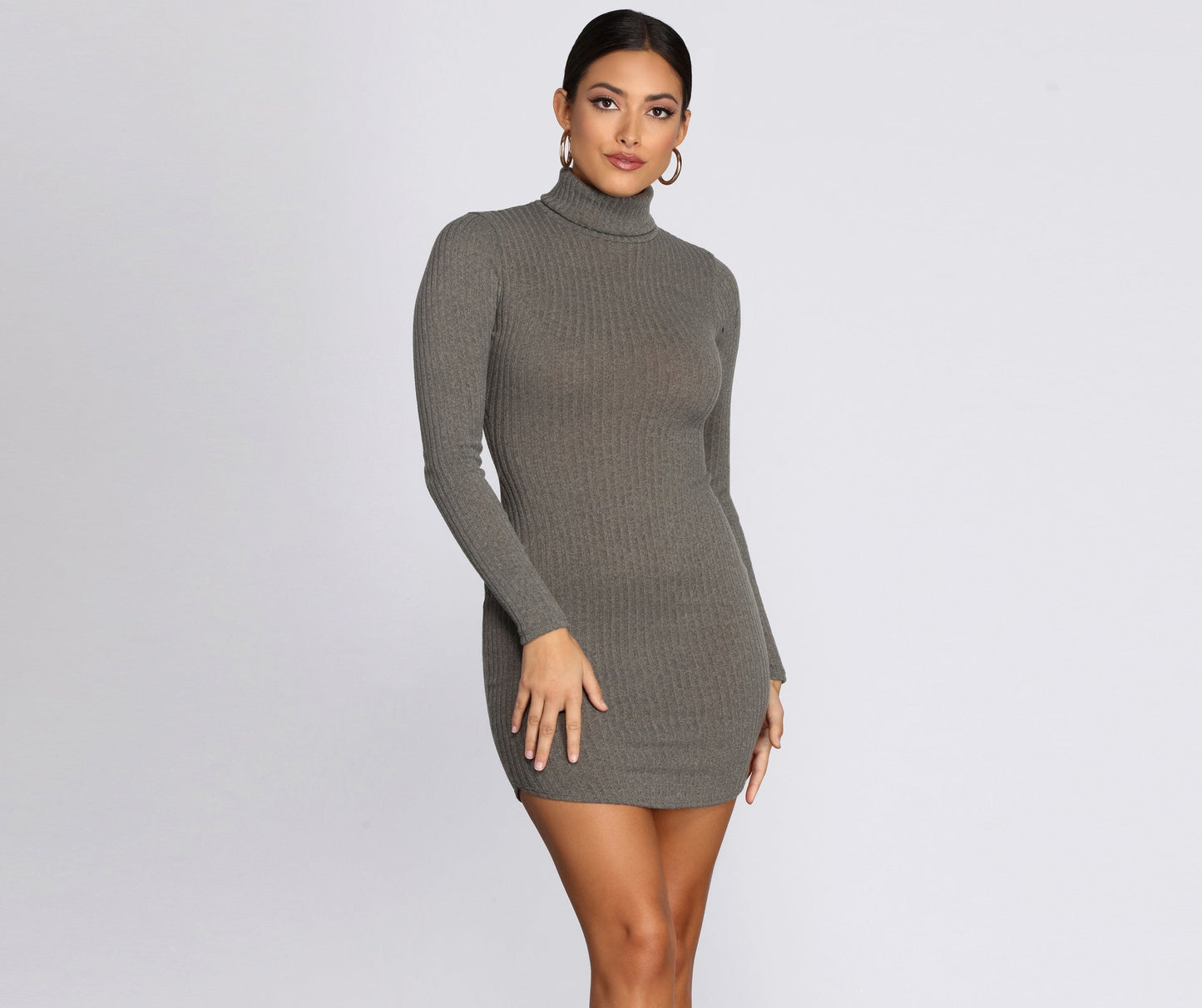 Turtleneck Long Sleeve Ribbed Knit Mini Dress - Lady Occasions