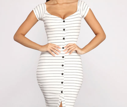 Stripe It Down Ribbed Graceful Button Down Midi Dress