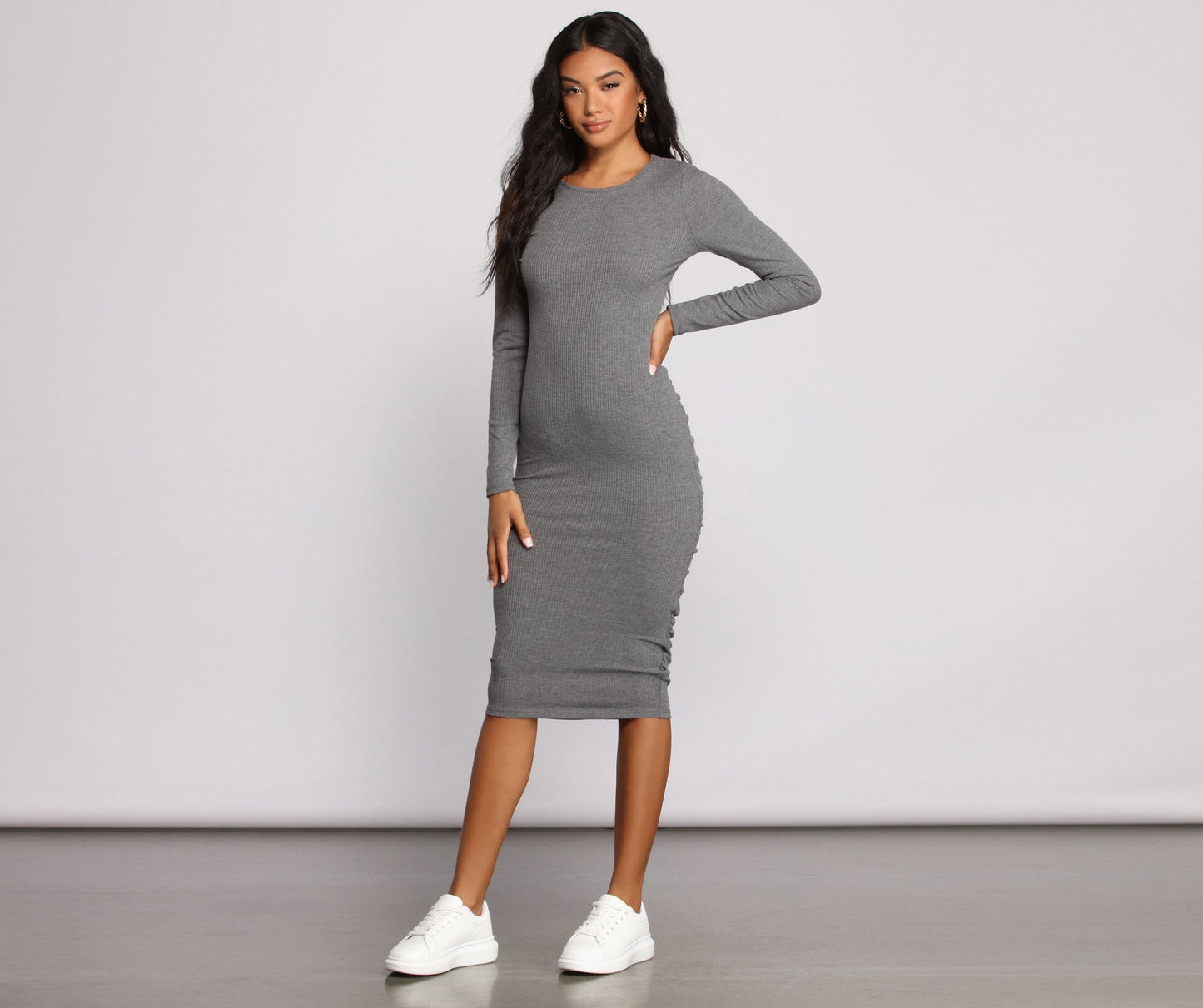 Open Back Ruched Charming Ribbed Knit Midi Dress