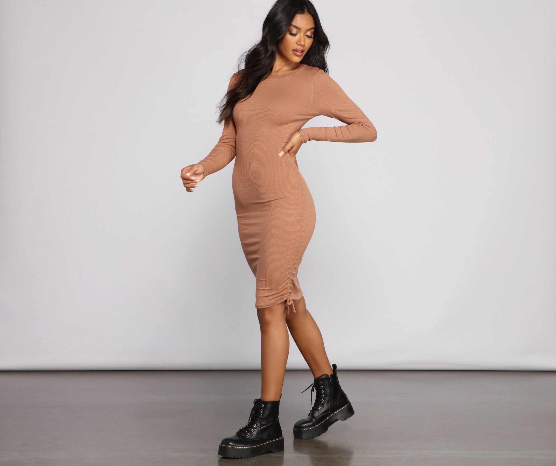 Ruched And Ribbed Knit Graceful Crew Neck Mini Dress Casual Dresses