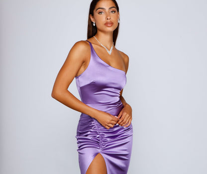 Show Up Satin Charming One Shoulder Midi Dress