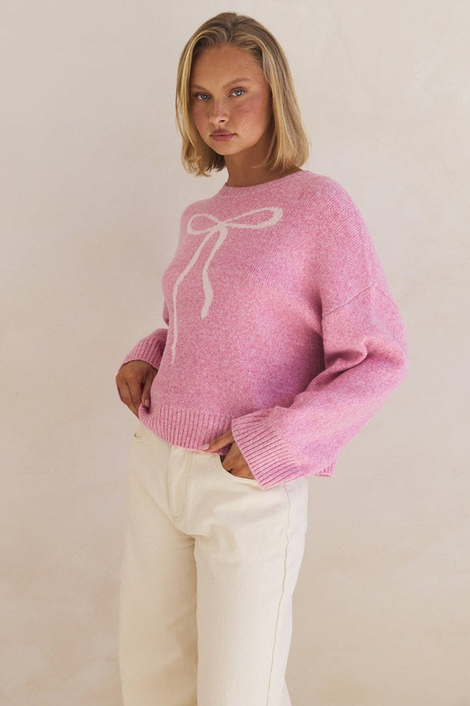 Bow Jacquard Crew-Neck Loose Casual Sweater