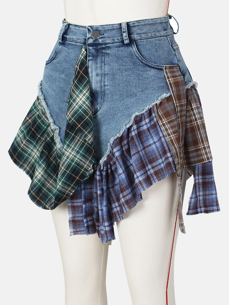 Denim Patchwork Graceful Plaid Shorts Skirts