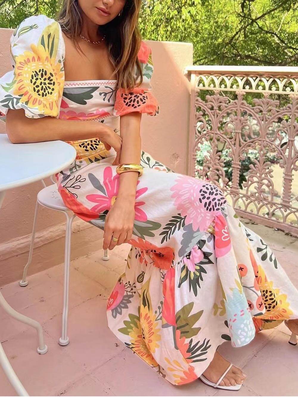 Floral Print Square Neck Graceful Bubble Sleeve Maxi Dress