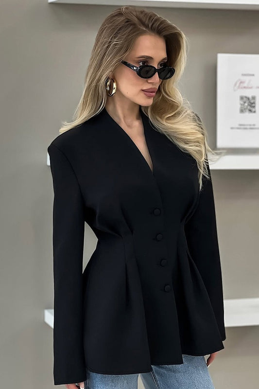Pleated Waist Stand Collar Blazer