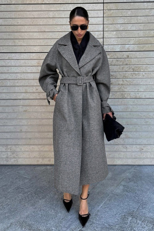 Extra-Long Wool Tie-Waist Loose Overcoat