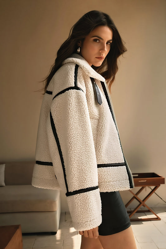 Contrast Piping Sherpa Fleece Coat