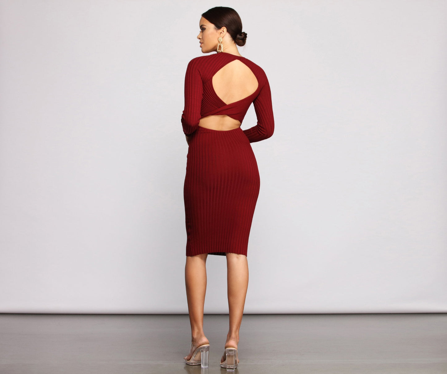 Trendy Twist Back Ribbed Graceful Knit Midi Sweater Dress