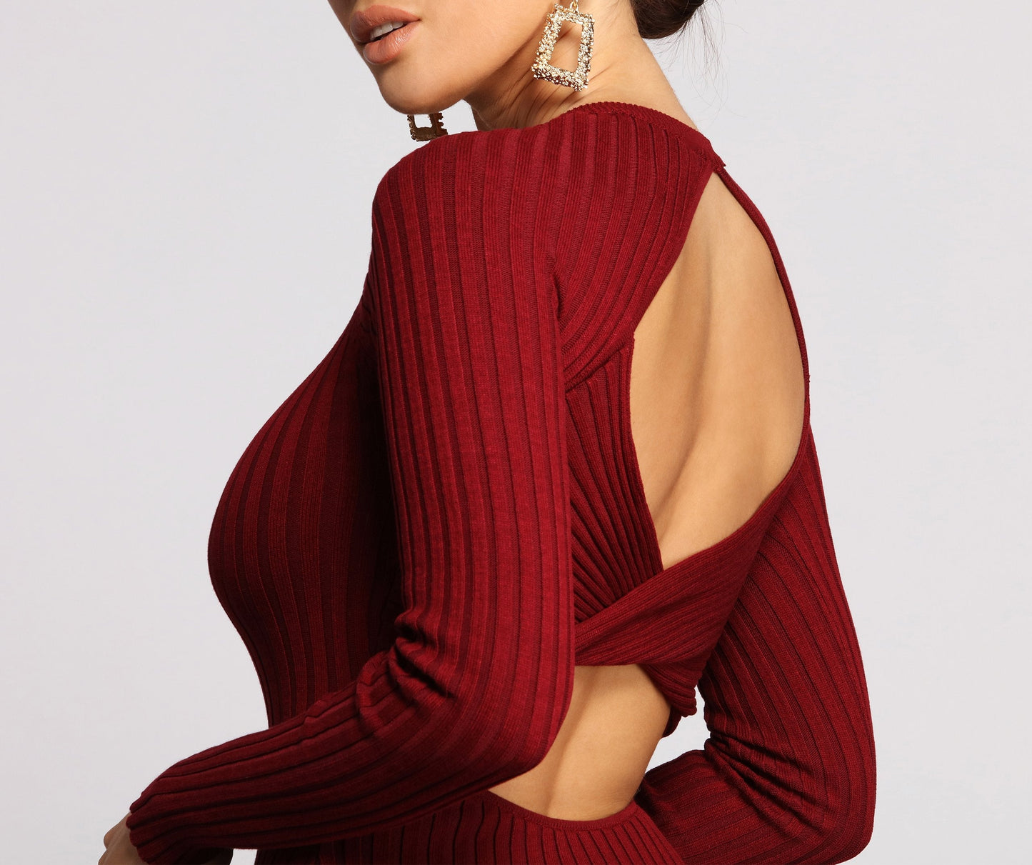 Trendy Twist Back Ribbed Graceful Knit Midi Sweater Dress