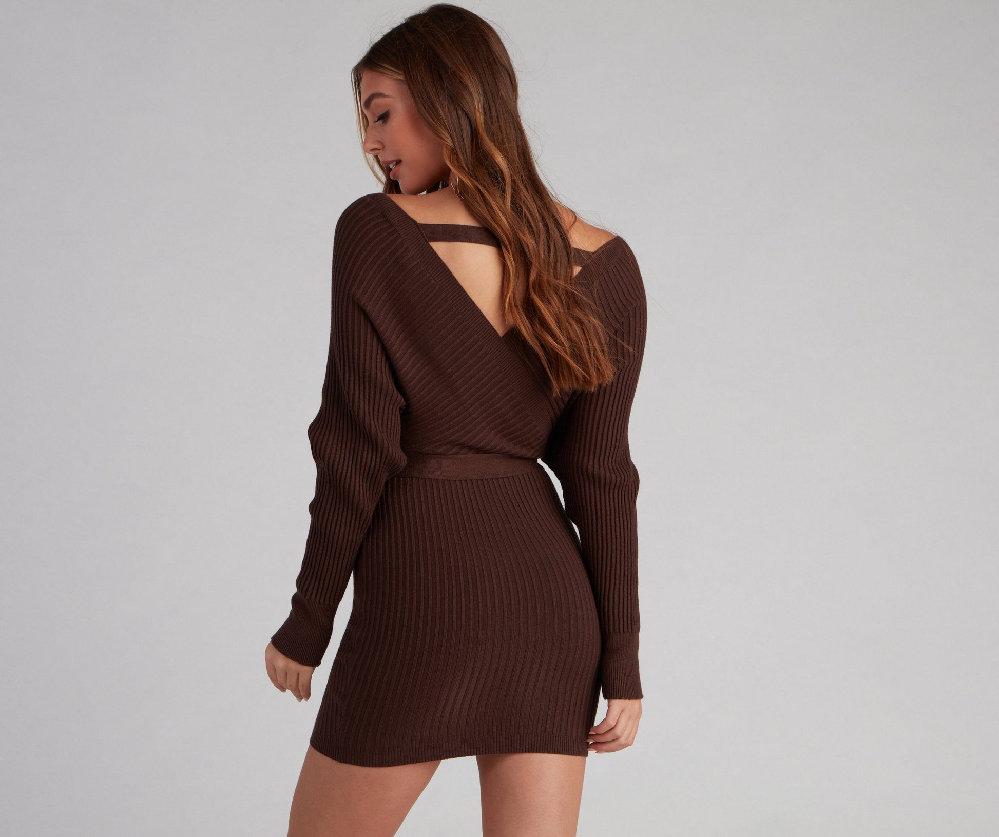 Ribbed Knit Tie-Front Charming Mini Sweater Dress Sweaters-L