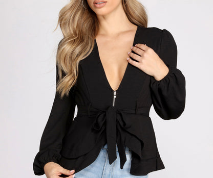 Irresistible Zip Front Ruffled Blouse