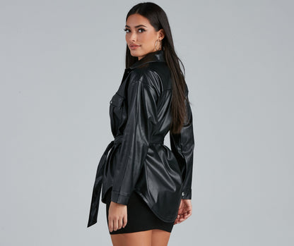 Sleek Trends Faux Leather Tie-Waist Shirt Jacket