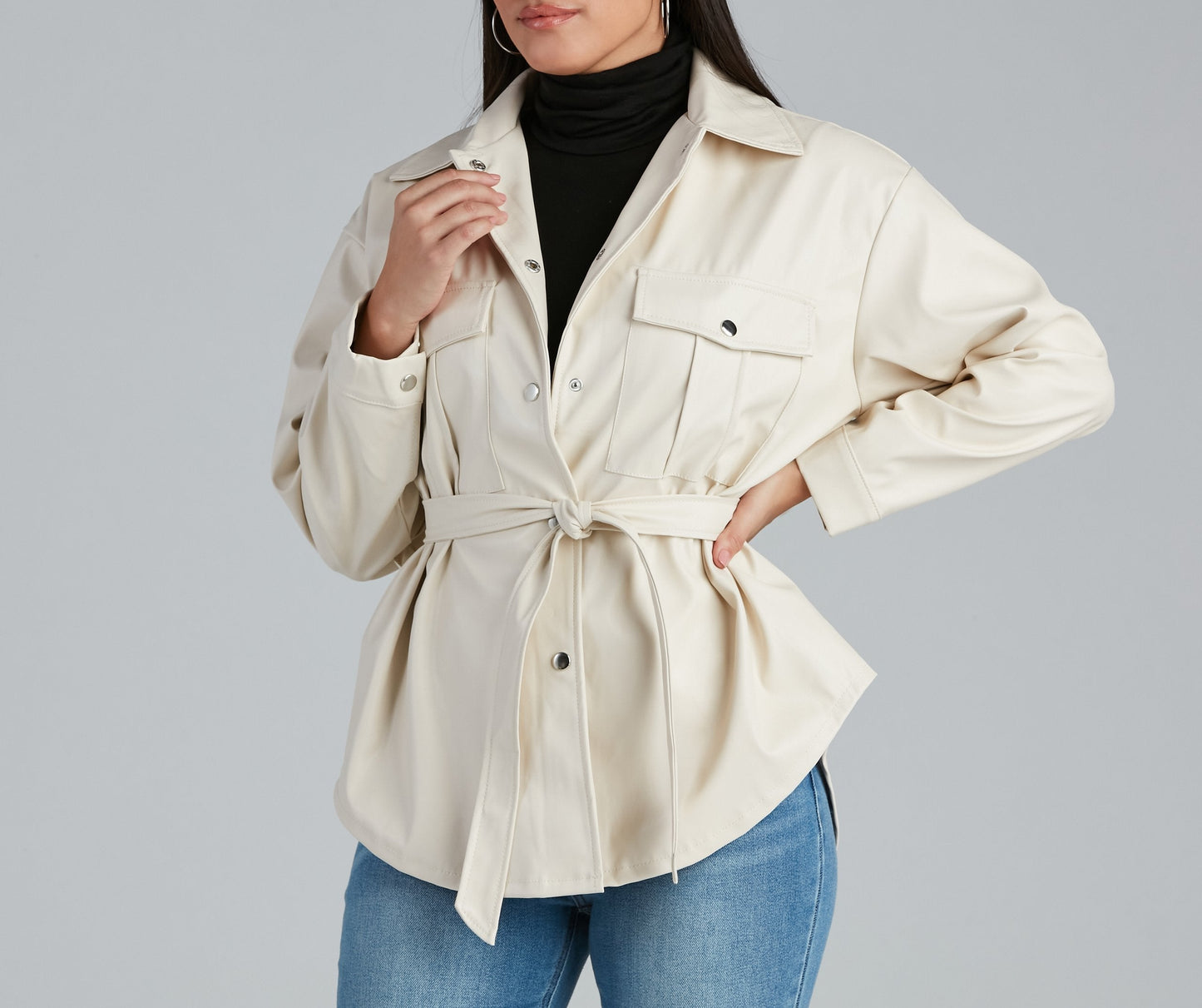 Sleek Trends Faux Leather Tie-Waist Shirt Jacket