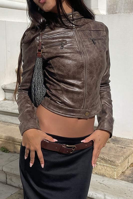 Distressed Brown Cropped Moto Jacket
