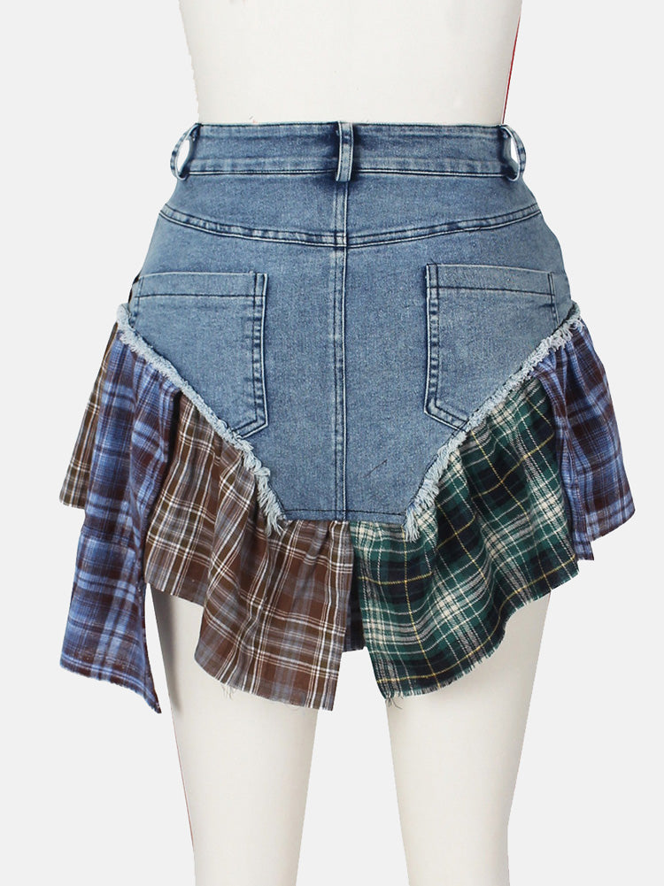 Denim Patchwork Graceful Plaid Shorts Skirts