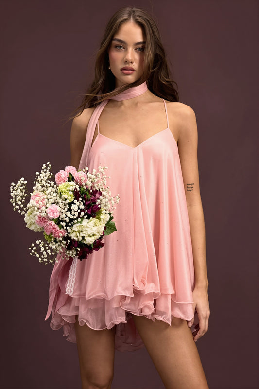 Tiered Sequin Mesh V Neck Mini Dress