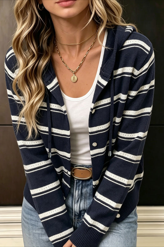 Navy Stripe Hooded Button Cardigans