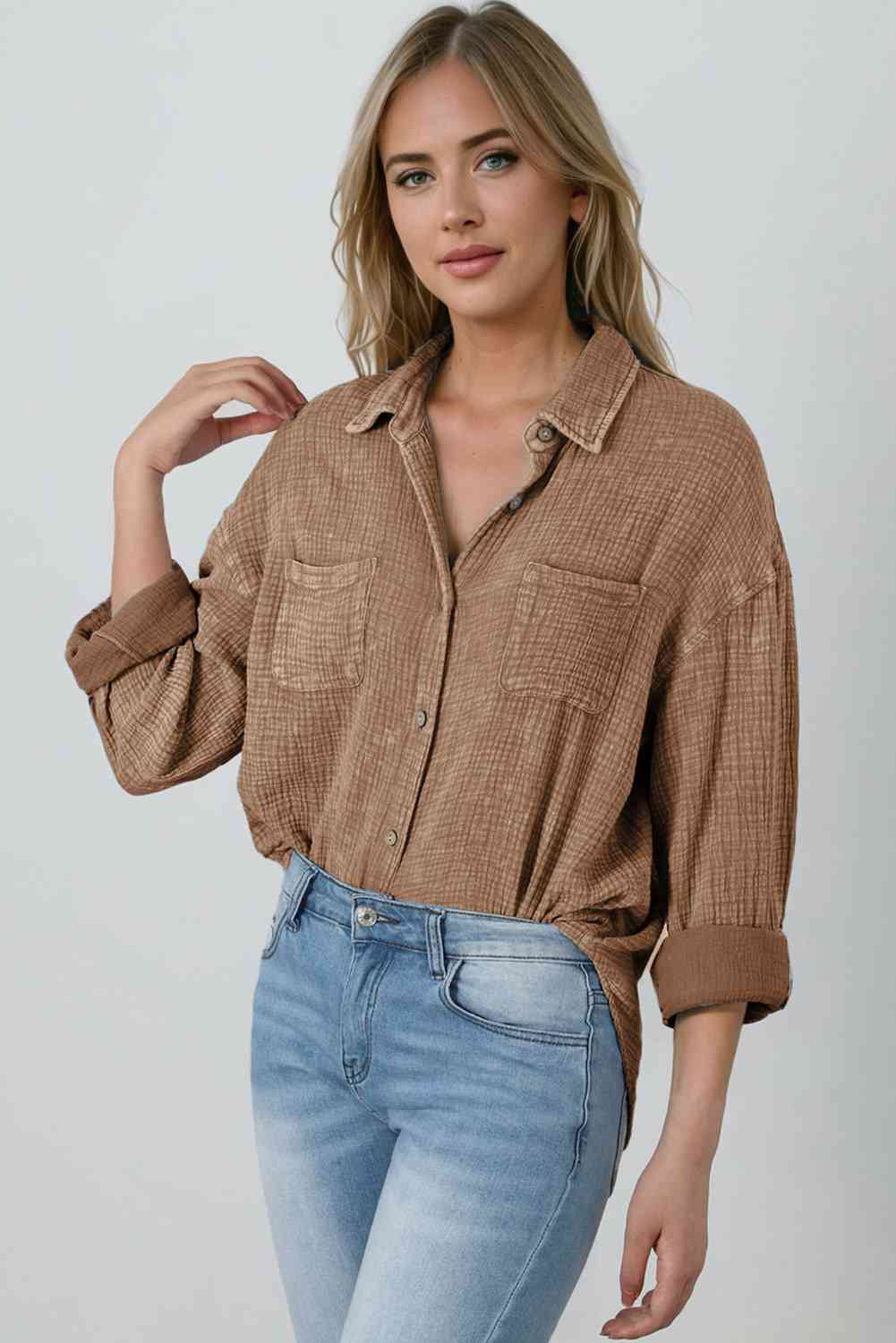 Blouse Textured With Buttons Clothes