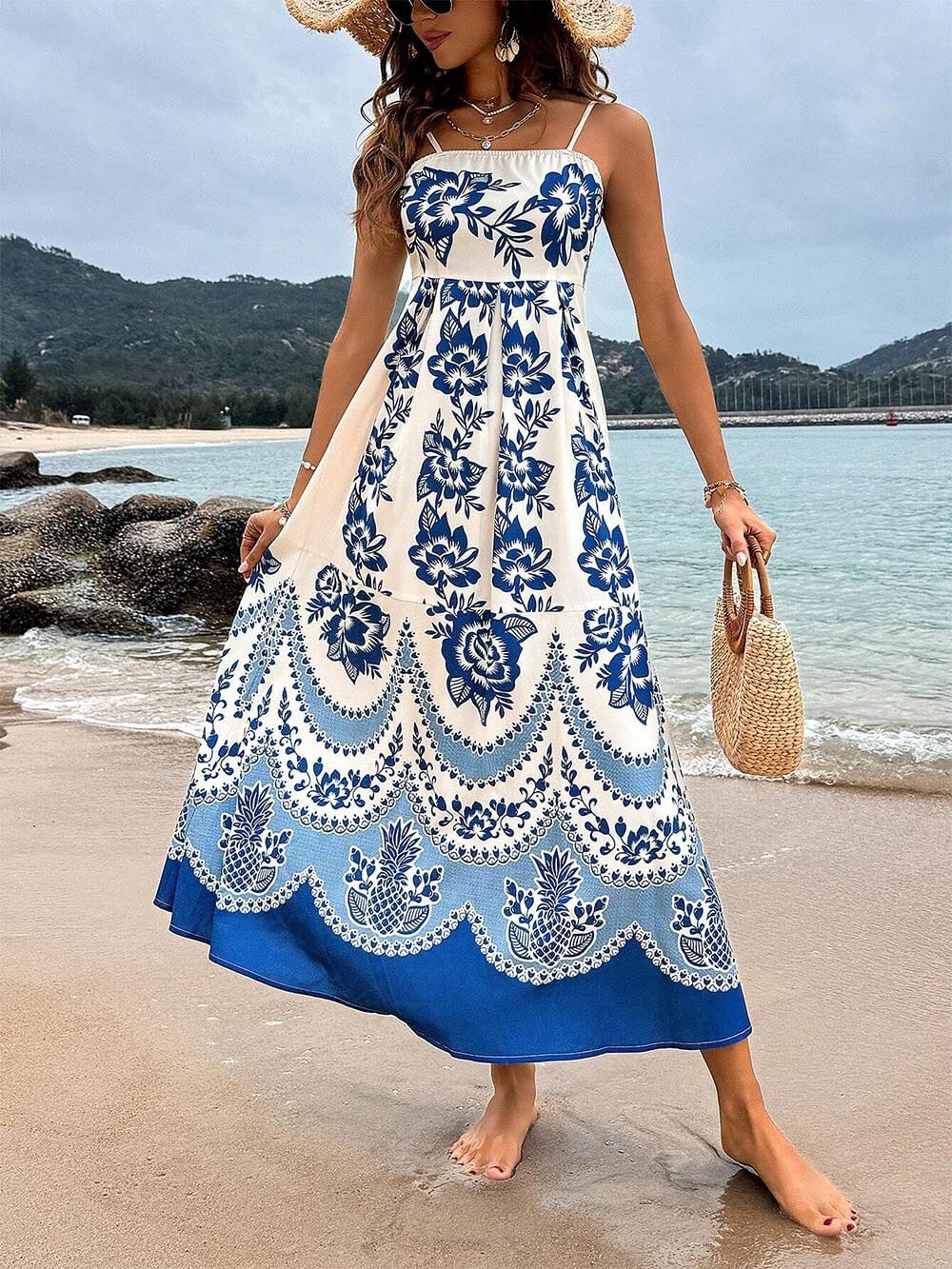 Floral Ethnic Print Back Graceful Smocked Loose Midi Dress