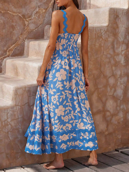 Printed Square Neck Charming Strap Maxi Dress