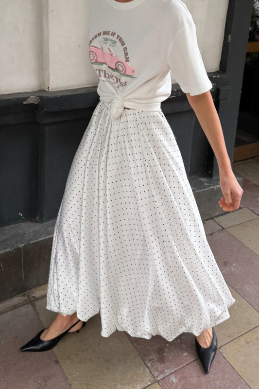 Polka-Dot Pleated Satin Maxi Skirt