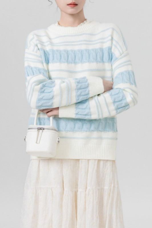 Creamy Stripe Cable-Knit Loose Sweater Blue / One Size