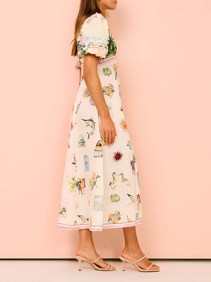 Feature Printed Ethnic Style Graceful Round Neck Midi Dress