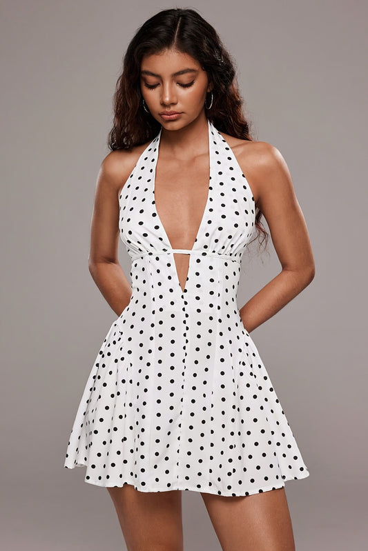 Polka Dot V Halter A-Line Mini Dress