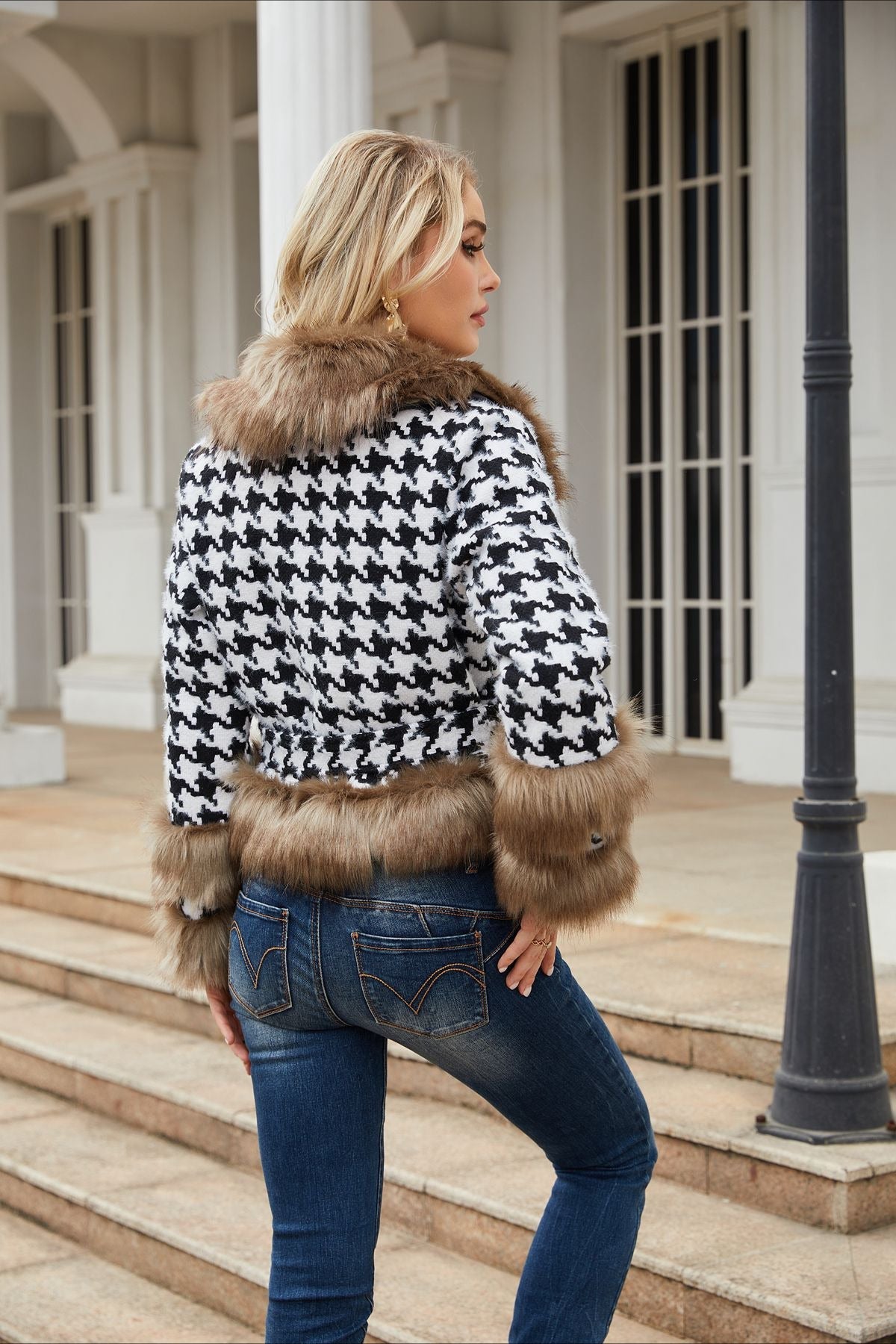 Plaid Detachable Fur Collar Short Coat