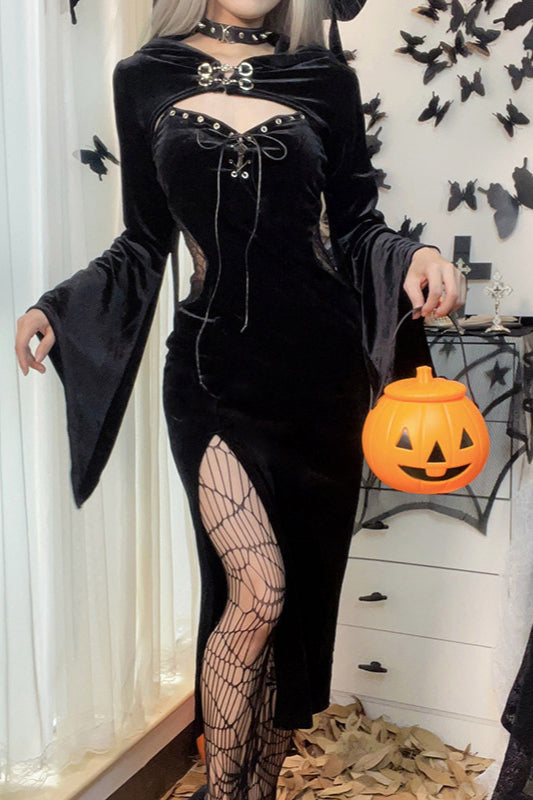 Dark Spiderweb Hooded Flare Gothic Dress