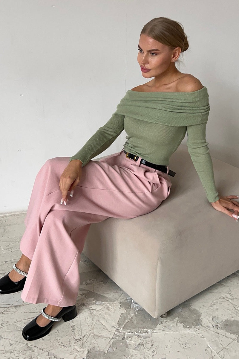 Sheer Off-Shoulder Fitted Solid Pullover Knit Top