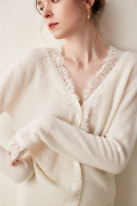 Cashmere Lace-Trimmed V-Neck Knit Cardigan
