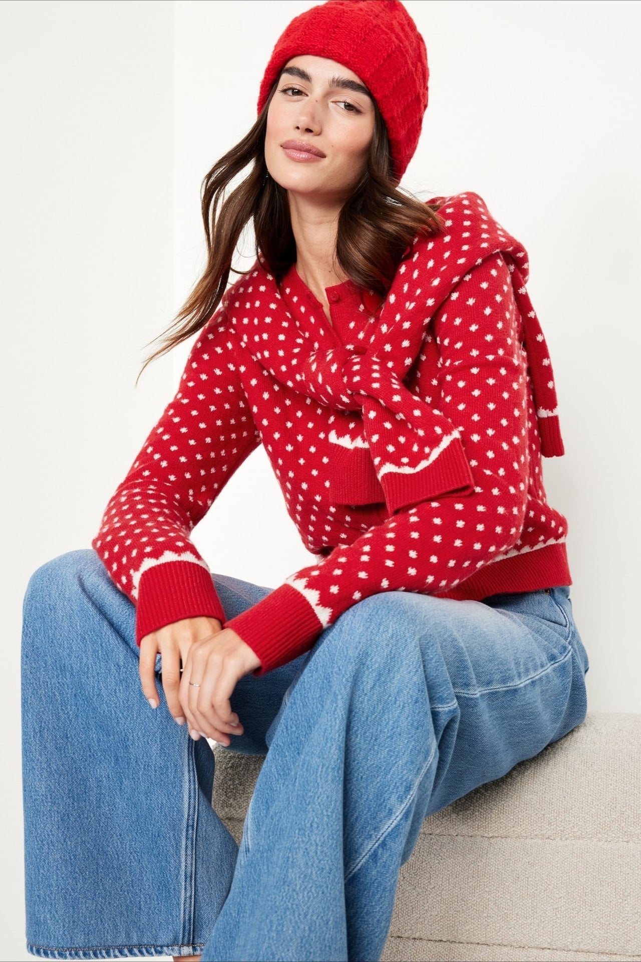Christmas Red polka dots Dots Snowy Long Sleeve Sweater Red / One size
