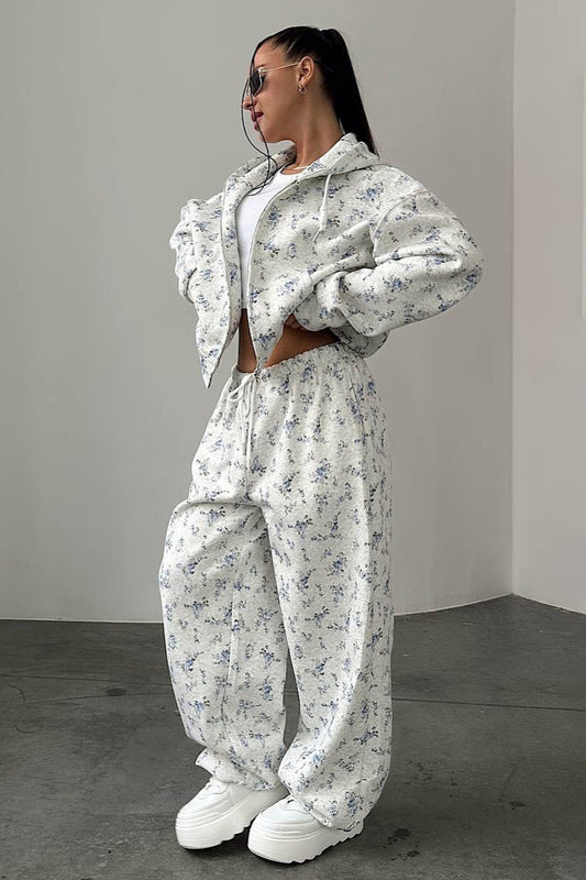 Floral Cropped Zip Hoodie Drawstring Wide-leg Pants Two Piece Set
